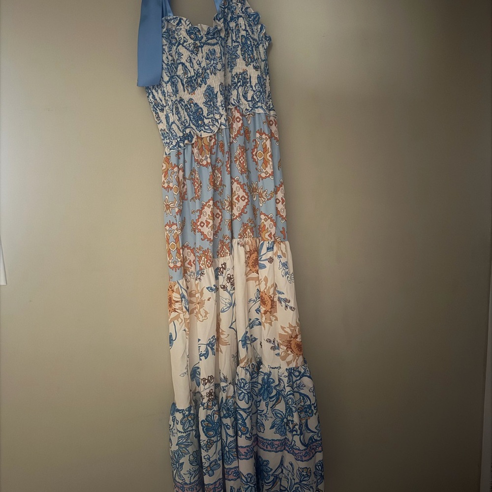 Boho Tiered Maxi Dress in Blue and Cream